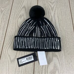 Jocelyn Faux Fur Pom Pom Sequin Knit Beanie Hat OS Black Silver $75